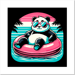 Pool Party Panda in Sunglasses on a Pink Float Funny Pool Panda Posters and Art